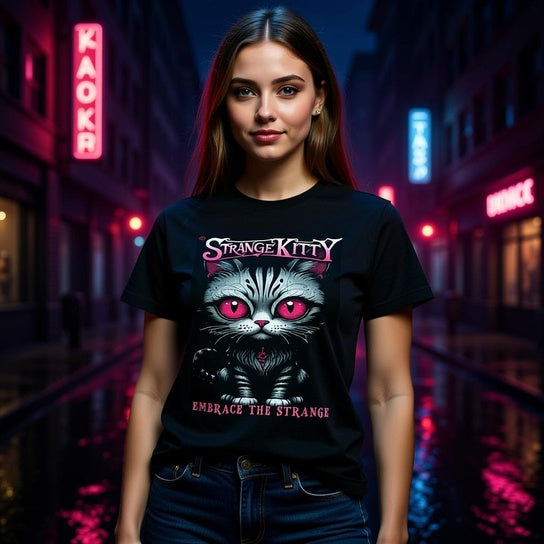 Strange Kitty - Heavyweight Unisex Crewneck T-shirt | Gildan® 5000 Black