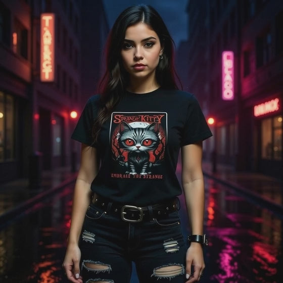 Strange Kitty - Heavyweight Unisex Crewneck T-shirt | Gildan® 5000 Black